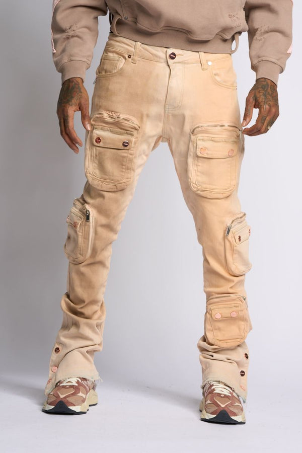 "JOURNEY TO GREATNESS" STACKED CARGO DENIM (CREAM)