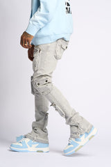 "JOURNEY TO GREATNESS" STACKED CARGO DENIM (COLD GREY)