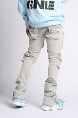 "JOURNEY TO GREATNESS" STACKED CARGO DENIM (COLD GREY)