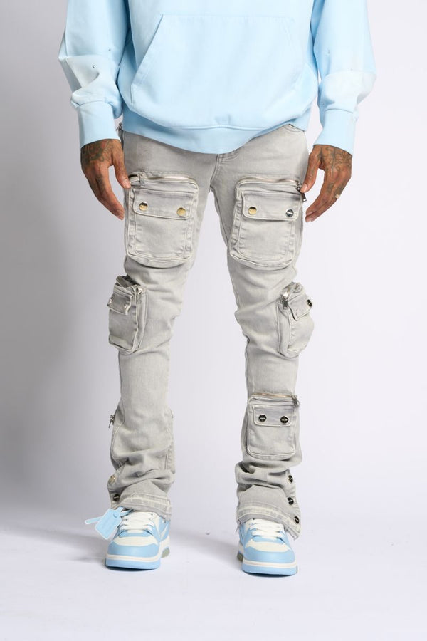 "JOURNEY TO GREATNESS" STACKED CARGO DENIM (COLD GREY)