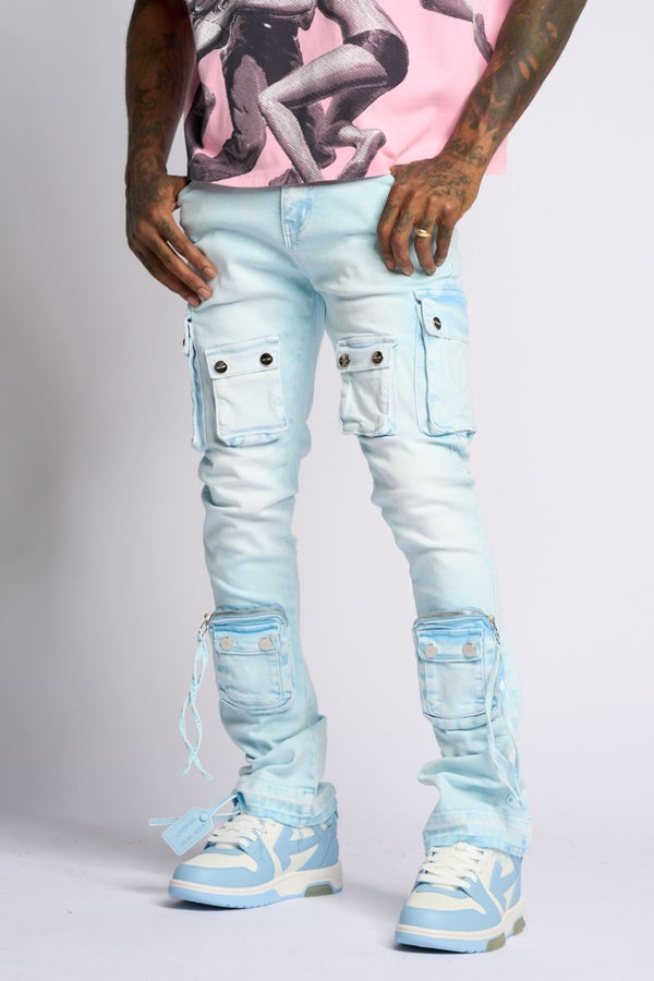 PHEELING ALONE STACK CARGO DENIM (POWDER BLUE)