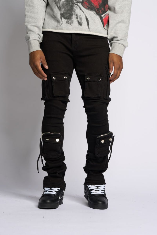 PHEELING ALONE STACK CARGO DENIM (JET BLACK)